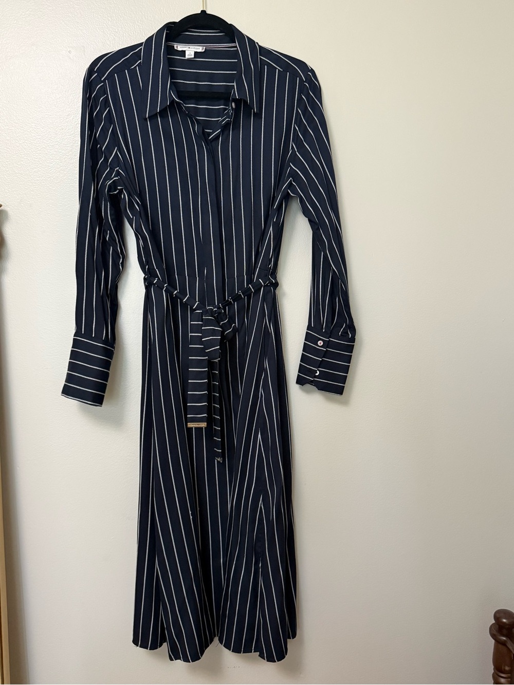 Tommy Hilfiger Striped Navy midi Shirt Dress with Tie Waist